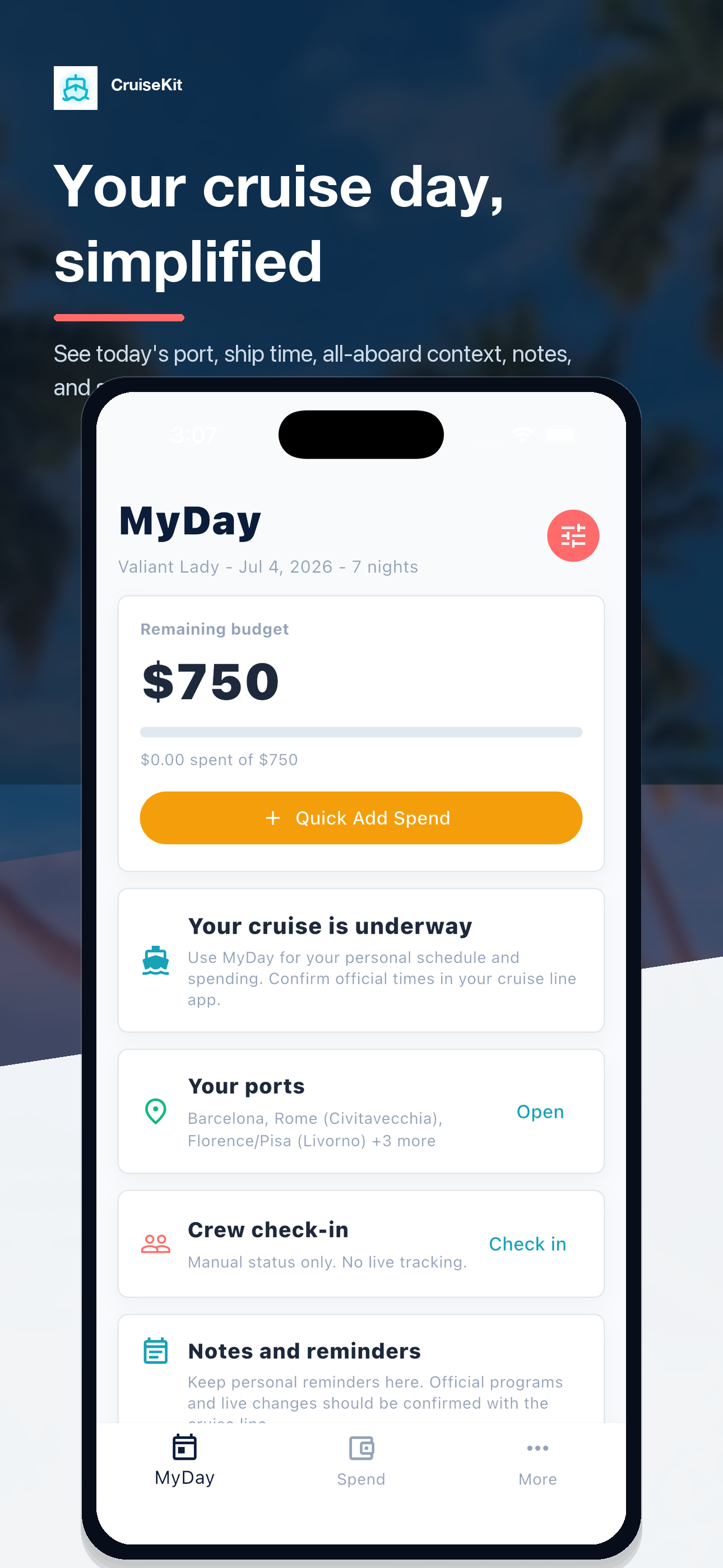 CruiseKit MyDay screen showing saved cruise tools